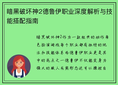 暗黑破坏神2德鲁伊职业深度解析与技能搭配指南